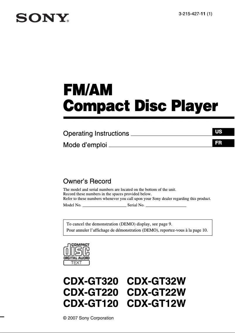 Page n°1 - Manuel utilisateur Sony CDX-GT120