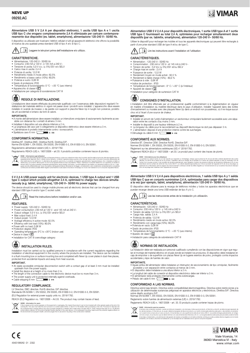 Page 1 de la notice Manuel utilisateur Vimar 09292.AC