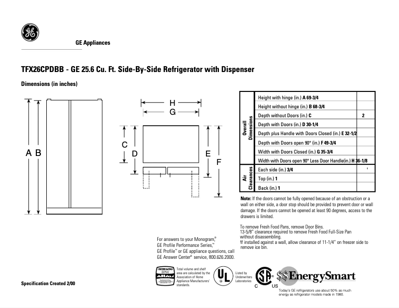 Page n°1 - Fiche technique GE TFX26CPDBB