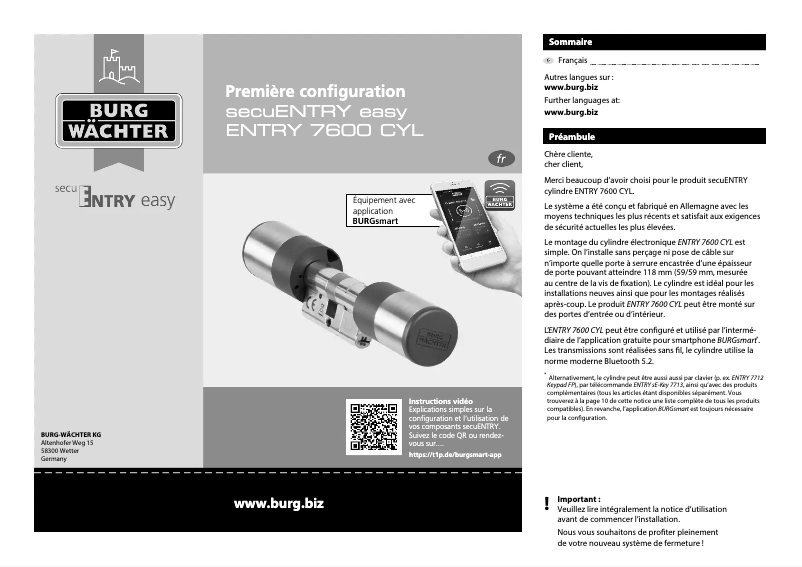 Page n°1 - Manuel utilisateur Burg Wächter Entry easy 7600