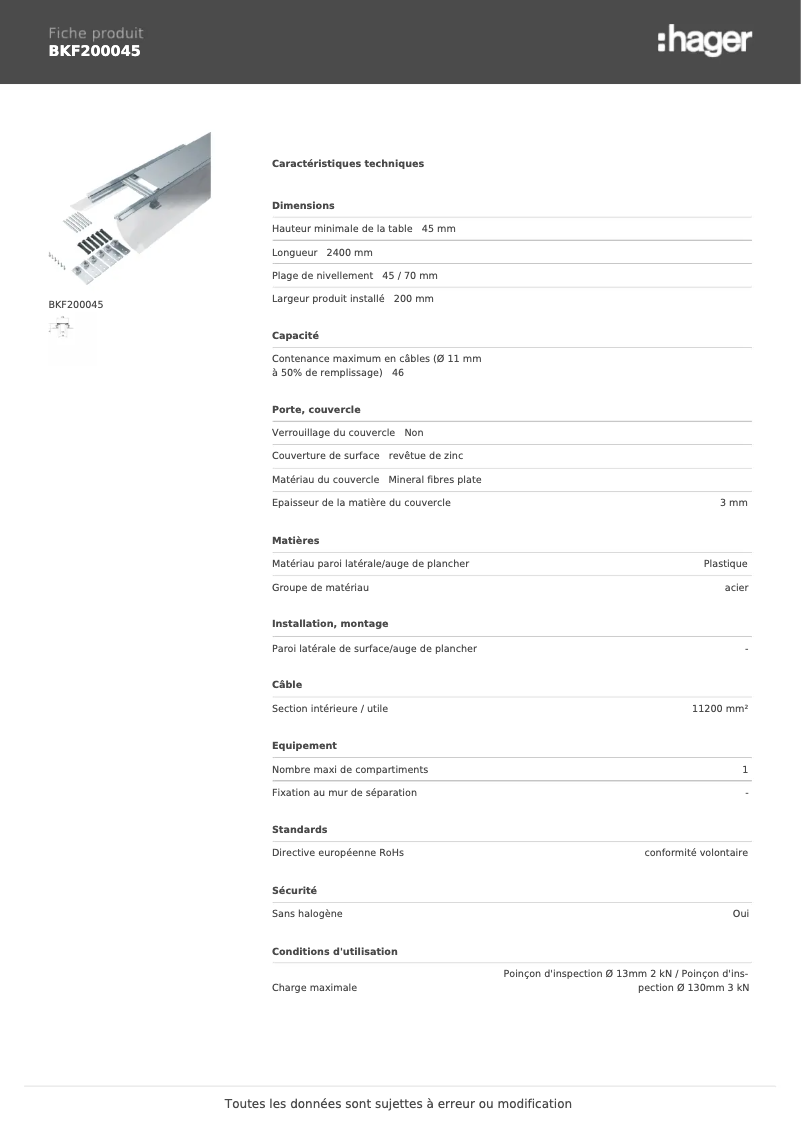 Page 1 of the manual Technical Sheet Hager BKF200045