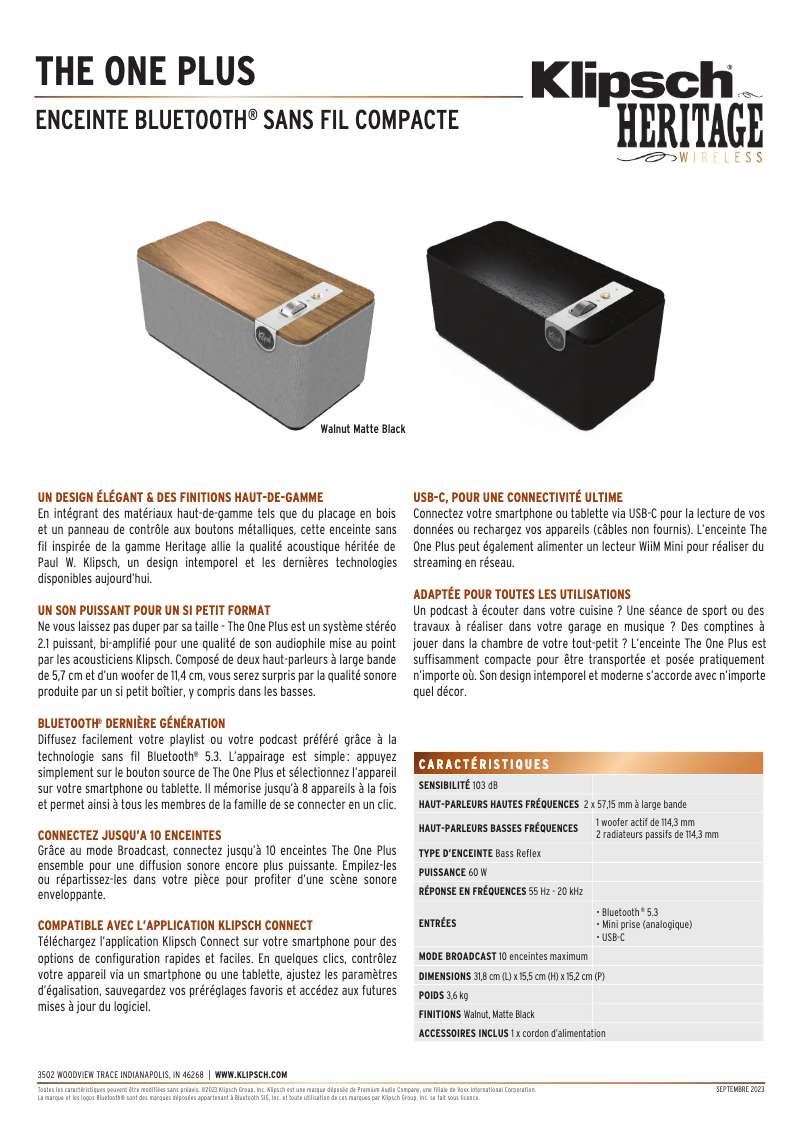 Page 1 de la notice Fiche technique Klipsch The One Plus