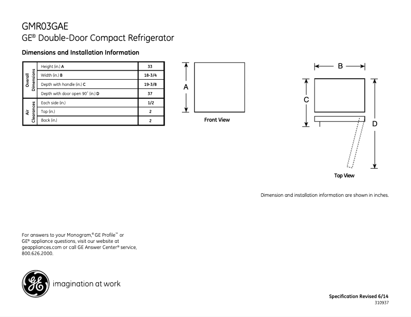 Page 1 of the manual Technical Sheet GE GMR03GAEWW
