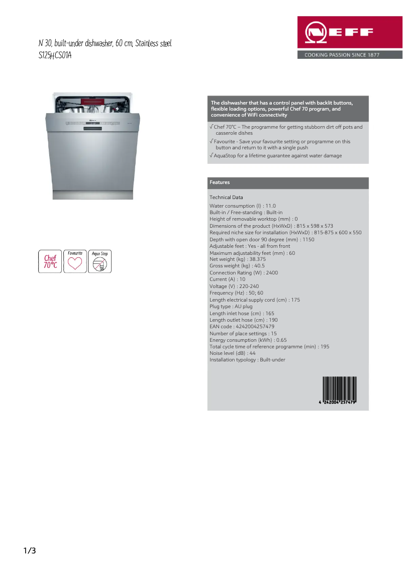 Page 1 de la notice Fiche technique Neff S125HCS01A