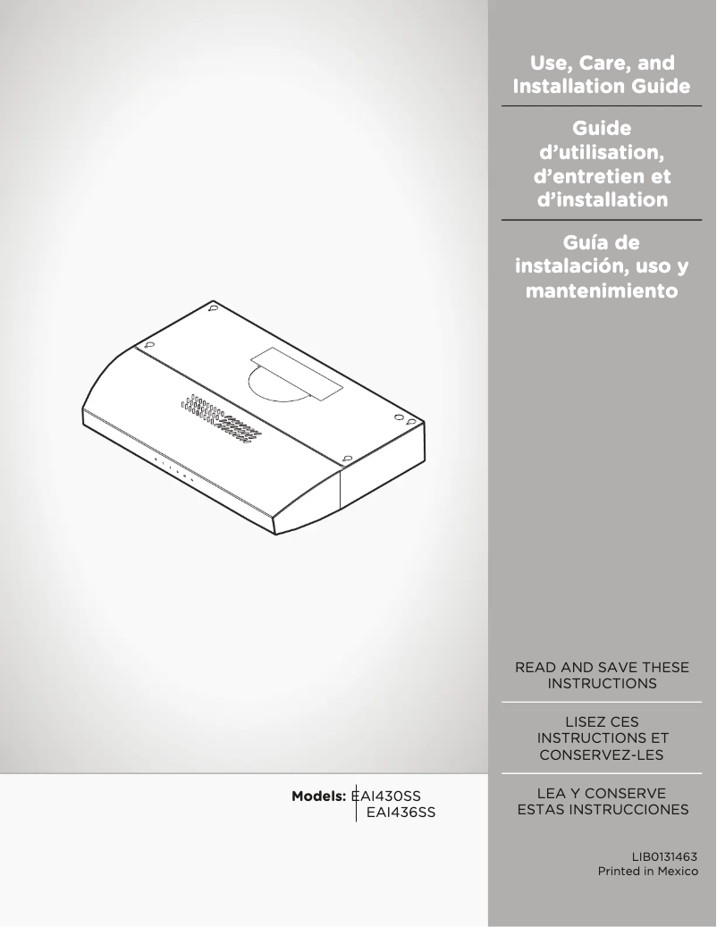 Page 1 de la notice Guide d'installation Elica Aria EAI436SS