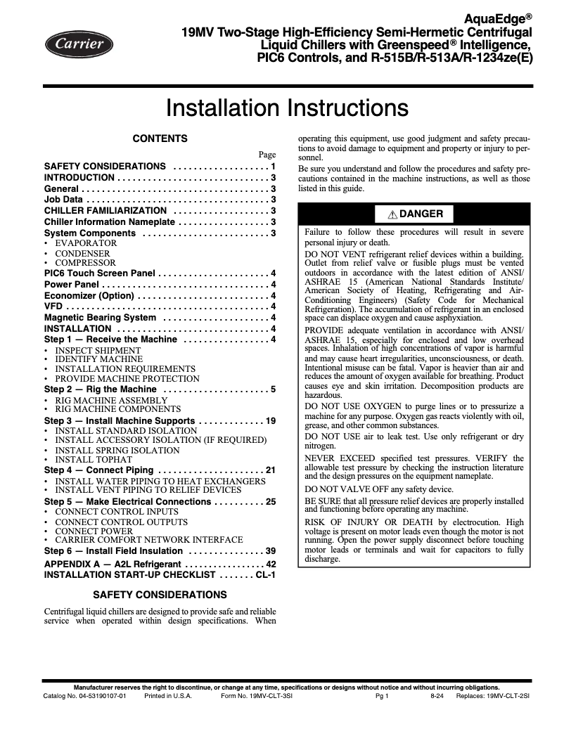 Page n°1 - Guide d'installation Carrier AquaEdge 19MV