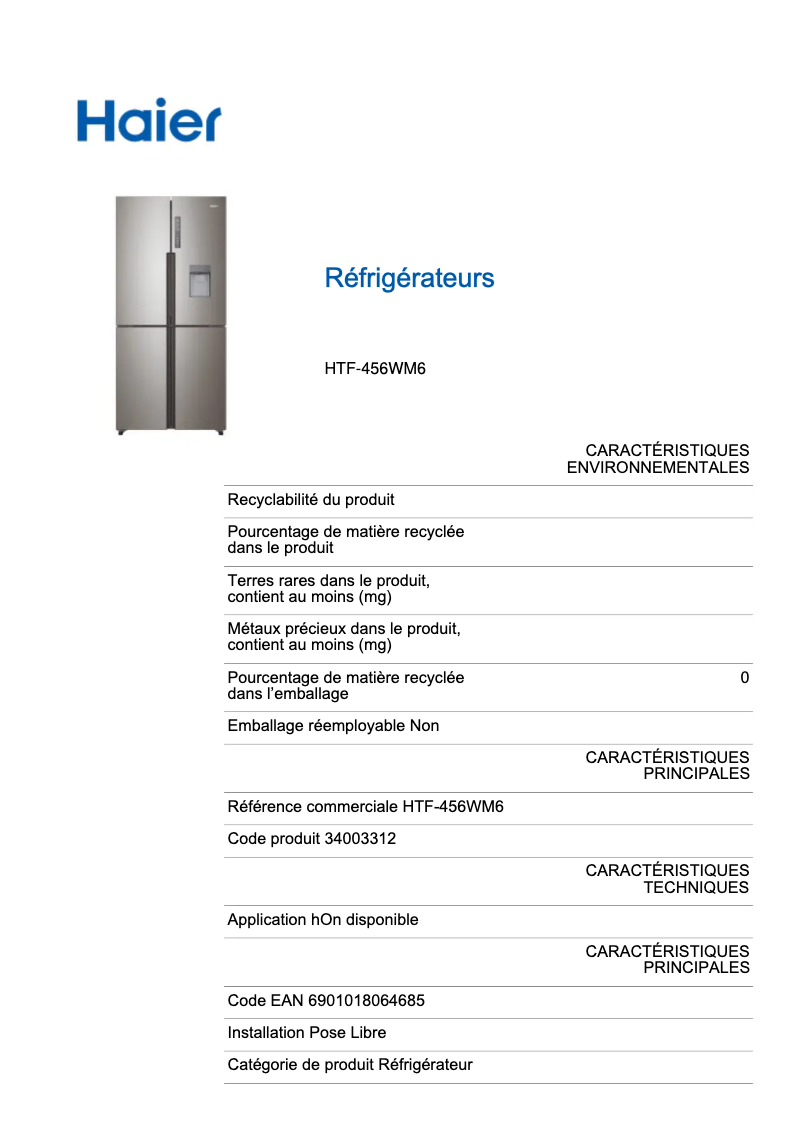 Page n°1 - Label énergétique Haier HTF-456WM6