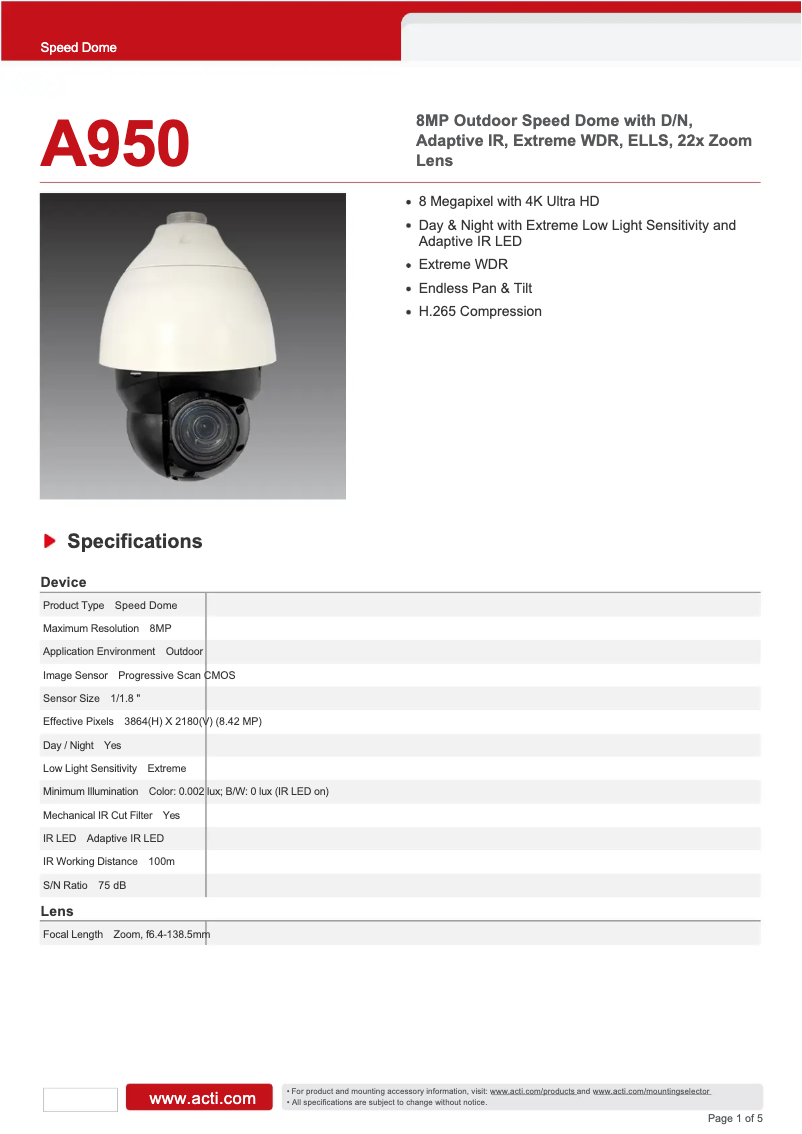 Page n°1 - Fiche technique ACTi A950