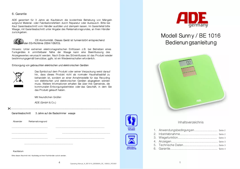 Image de la première page du manuel de l'appareil Sunny BE 1016