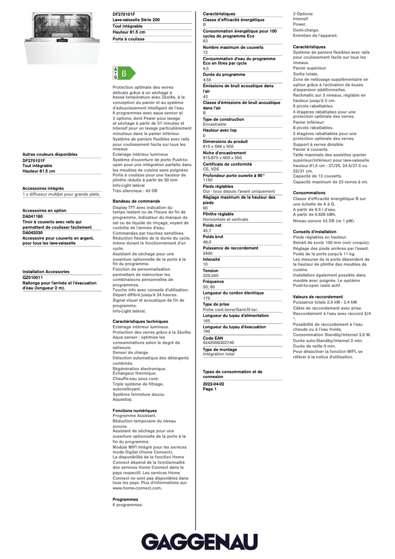 Page 1 de la notice Fiche technique Gaggenau DF270101F