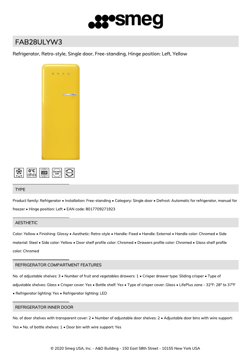 Page 1 de la notice Fiche technique Smeg FAB28ULYW3
