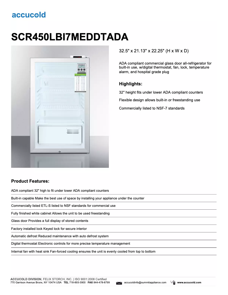 Image de la première page du manuel de l'appareil Accucold SCR450LBI7MEDDTADA
