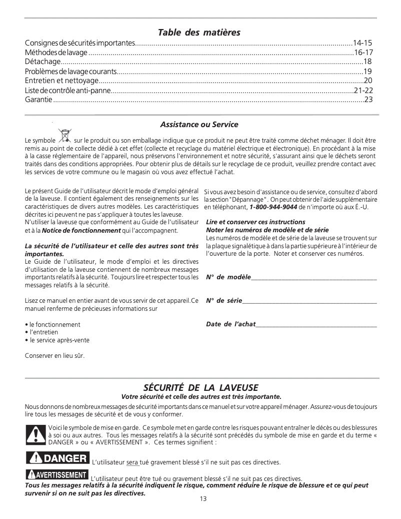 Page 1 de la notice Manuel utilisateur Frigidaire GLWS1439FS