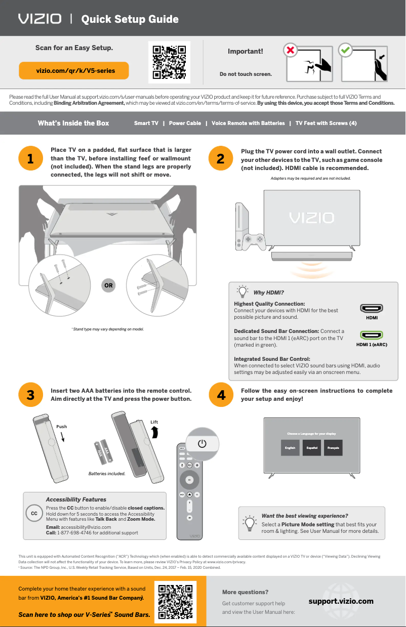 Page 1 de la notice Guide de démarrage rapide VIZIO V585M-K01