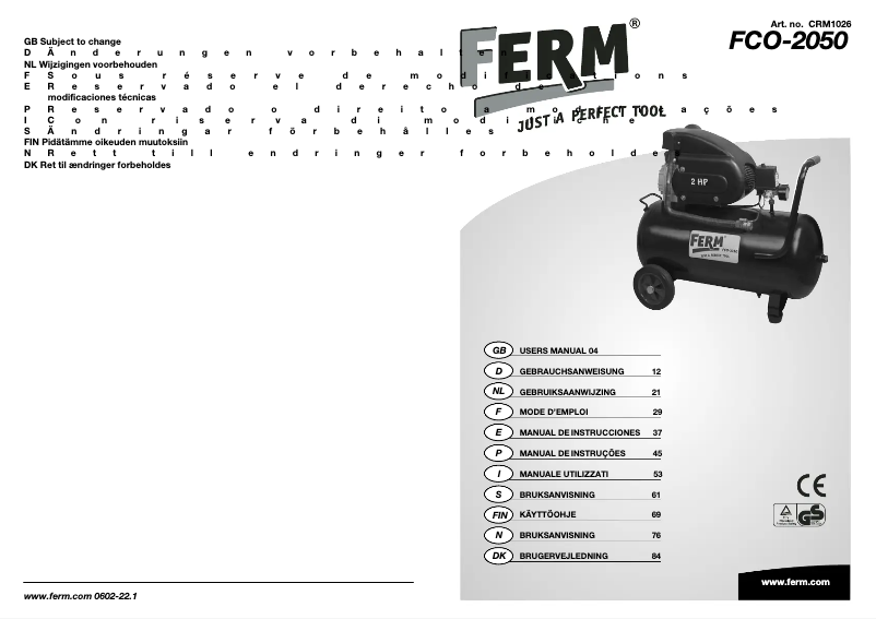 Page n°1 - Manuel utilisateur Ferm CRM1026 FCO-2050