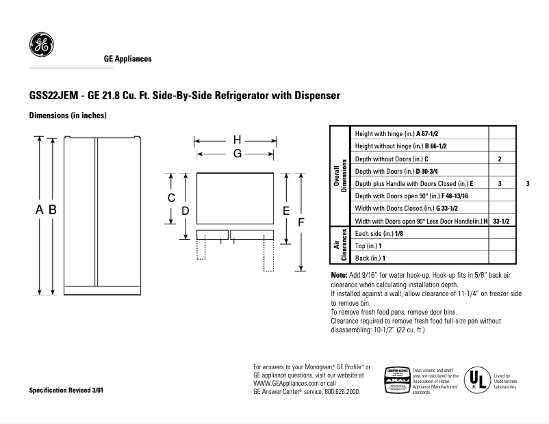 Page n°1 - Fiche technique GE GSS22JEMWW