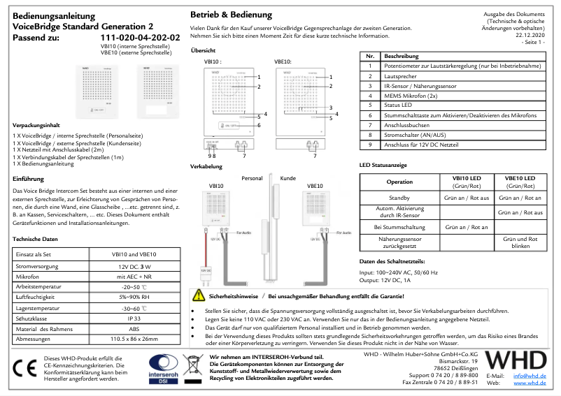 Page n°1 - Manuel utilisateur WHD VoiceBridge Standard Generation 2