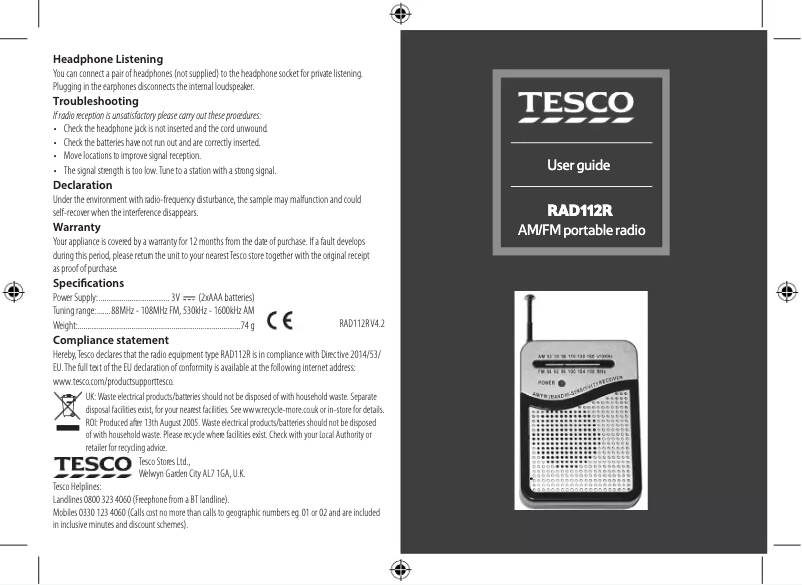Page 1 de la notice Manuel utilisateur Tesco RAD112R