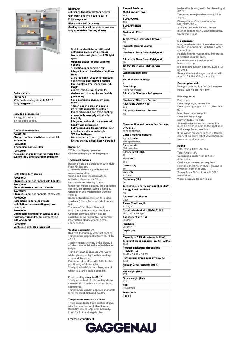 Page 1 de la notice Fiche technique Gaggenau RB492704