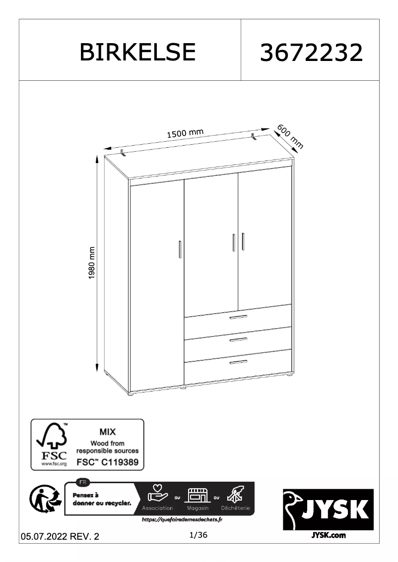 Page 1 de la notice Manuel utilisateur JYSK BIRKELSE 150x198