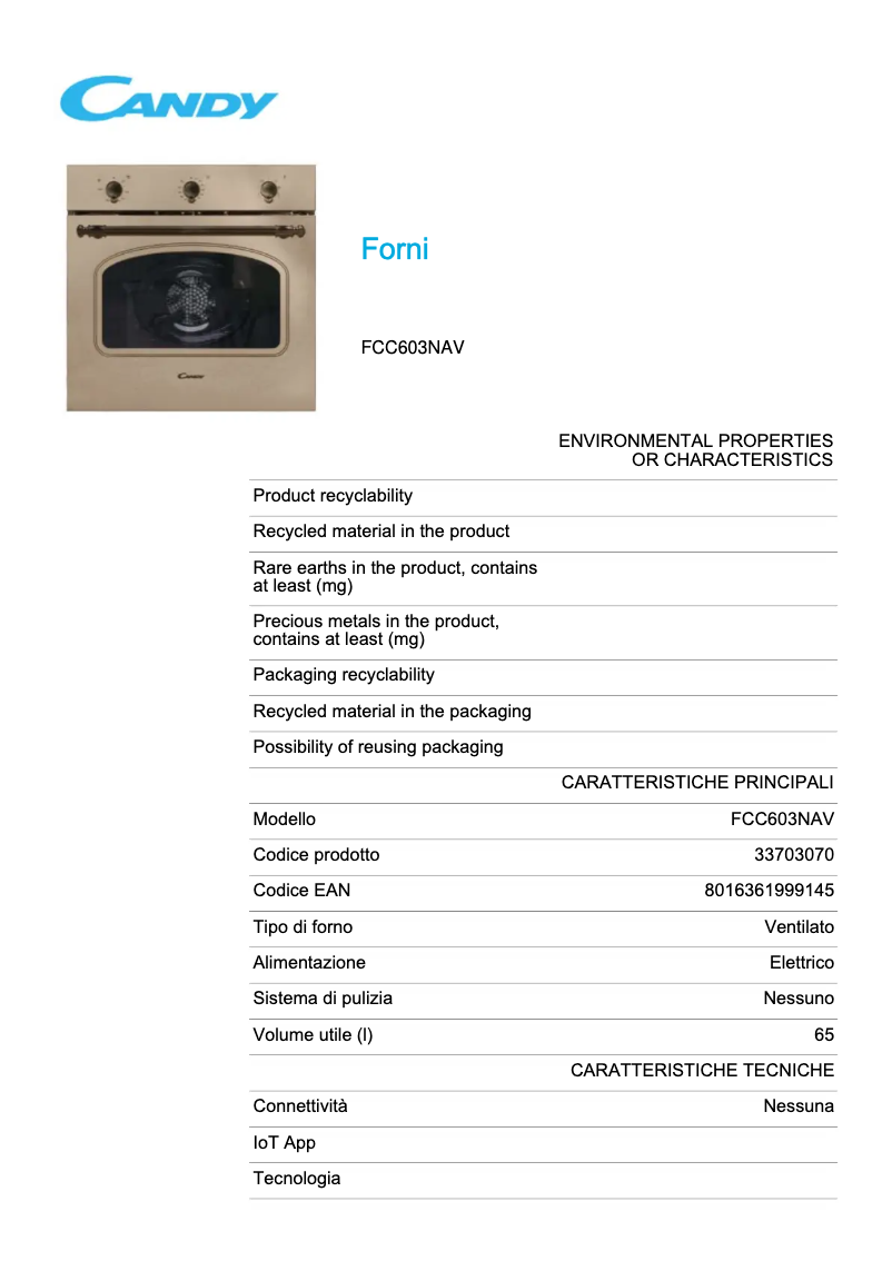 Page 1 de la notice Fiche technique Candy FCC603NAV