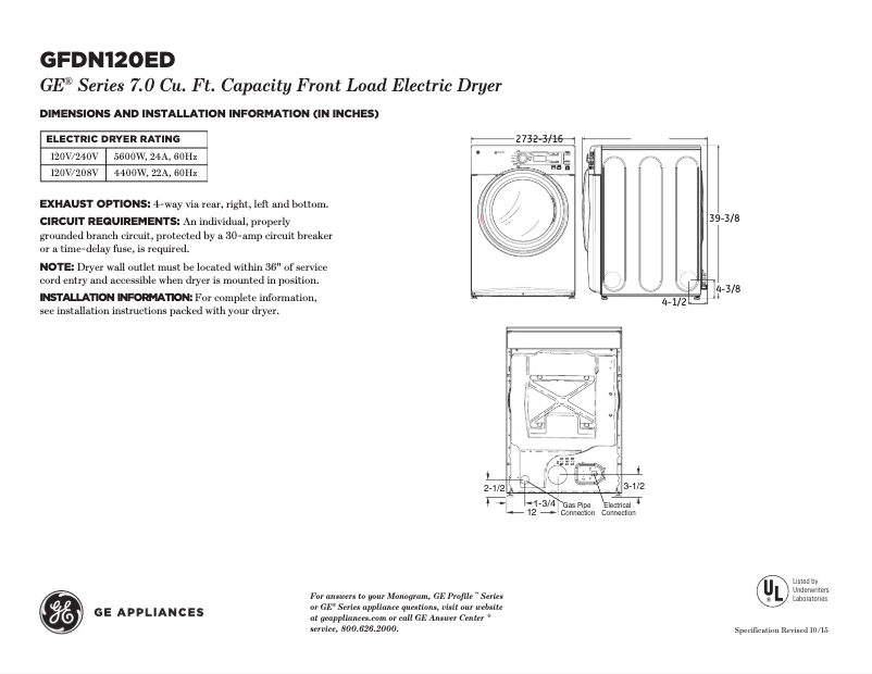Página 1 del manual Ficha técnica GE GFDN120EDWW