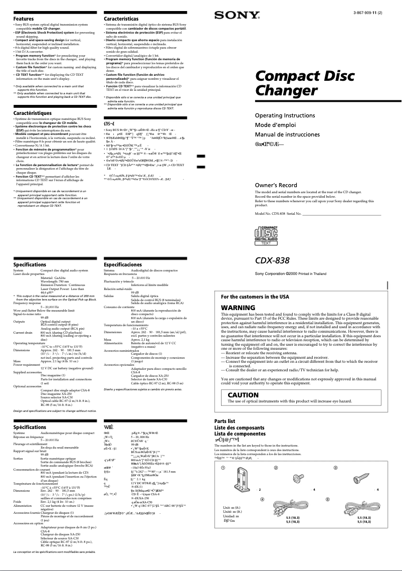 Page 1 de la notice Manuel utilisateur Sony CDX-838
