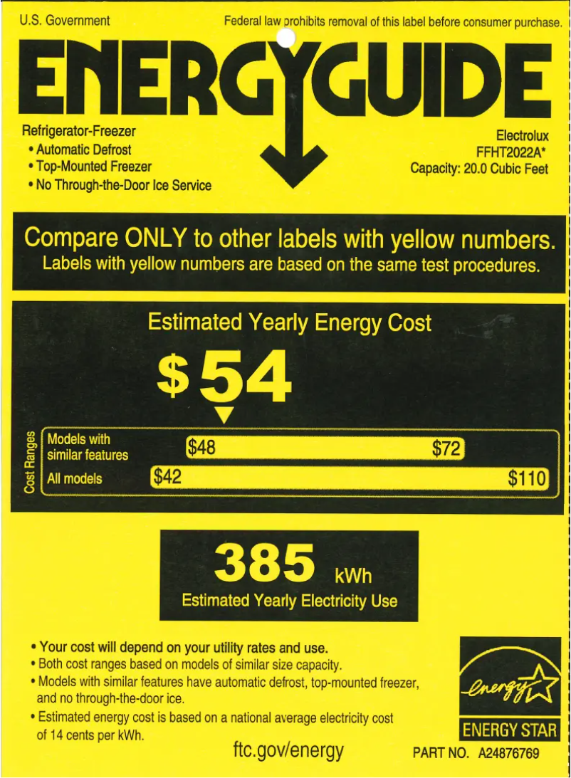 Page 1 de la notice Label énergétique Frigidaire FFHT2022AW