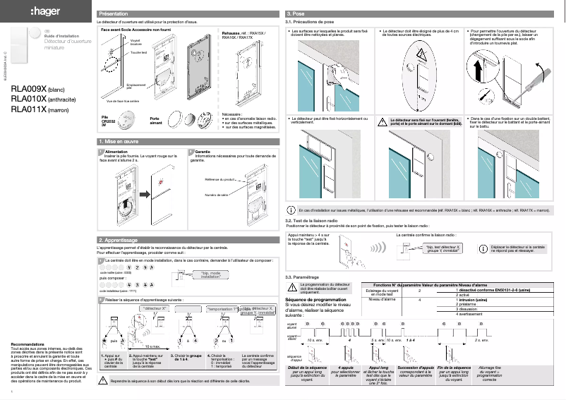 Page n°1 - Manuel utilisateur Hager RLA010X