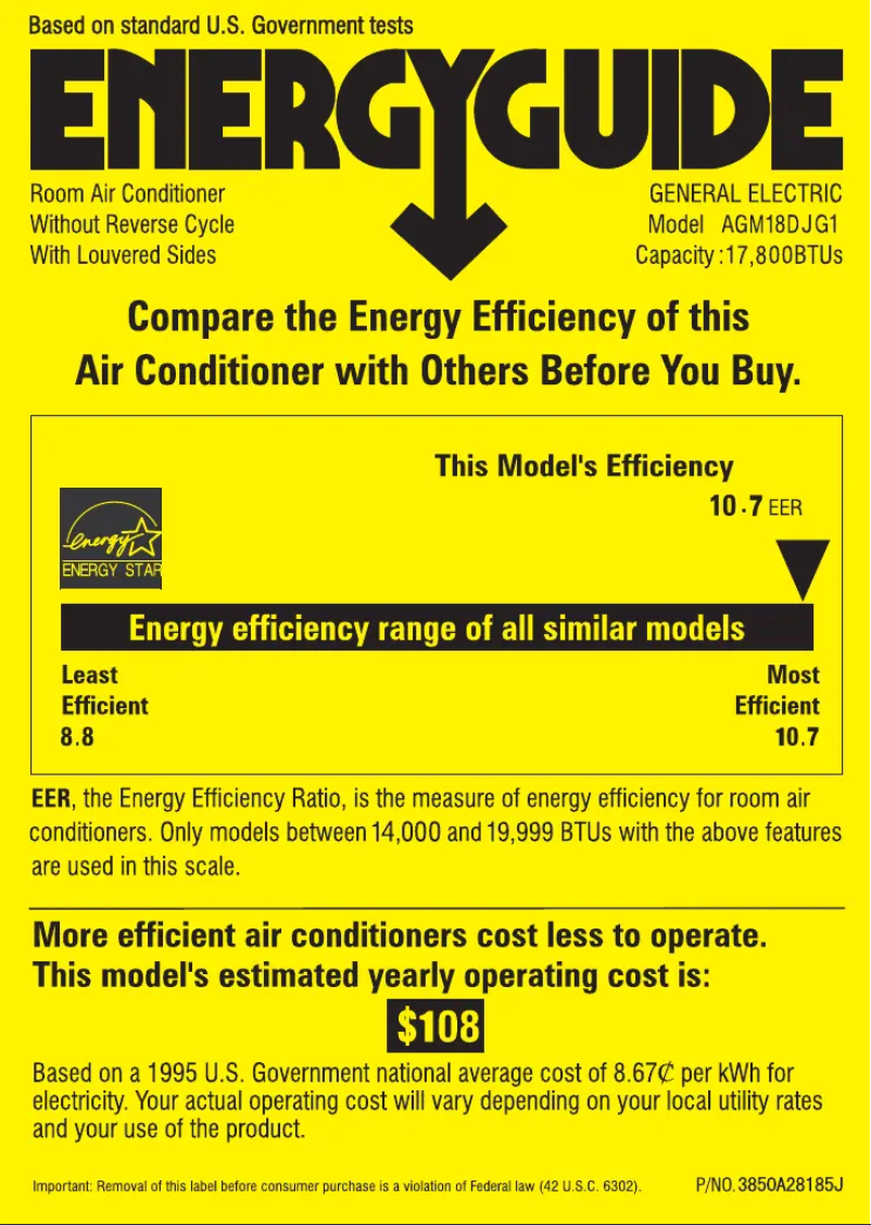 Page 1 de la notice Label énergétique GE AGM18DJ