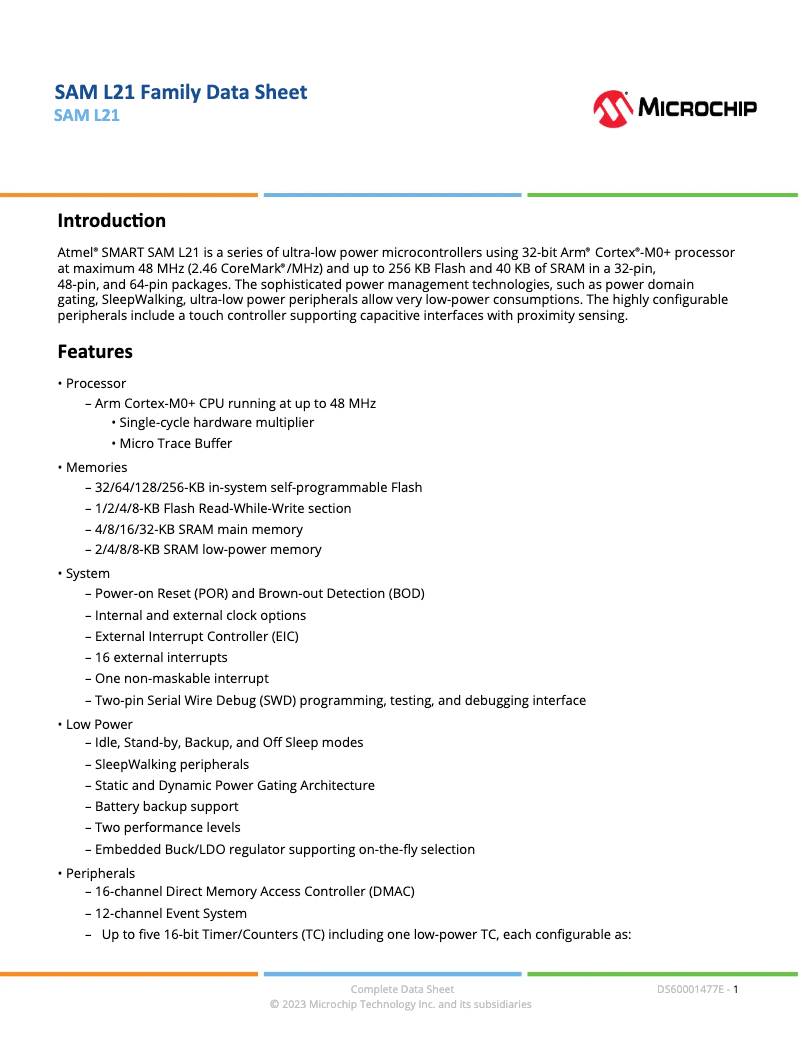 Page 1 de la notice Manuel utilisateur Microchip ATSAML21G16B