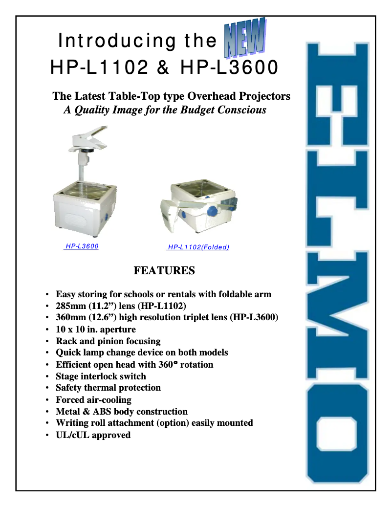 Page 1 of the manual Technical Sheet Elmo HP-L3600