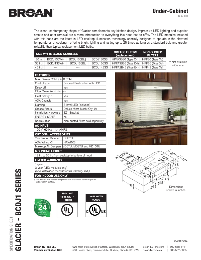 Página 1 del manual Ficha técnica Broan BCDJ130WH