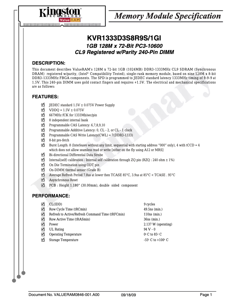 Page 1 de la notice Manuel utilisateur Kingston Technology ValueRAM KVR1333D3S8R9S
