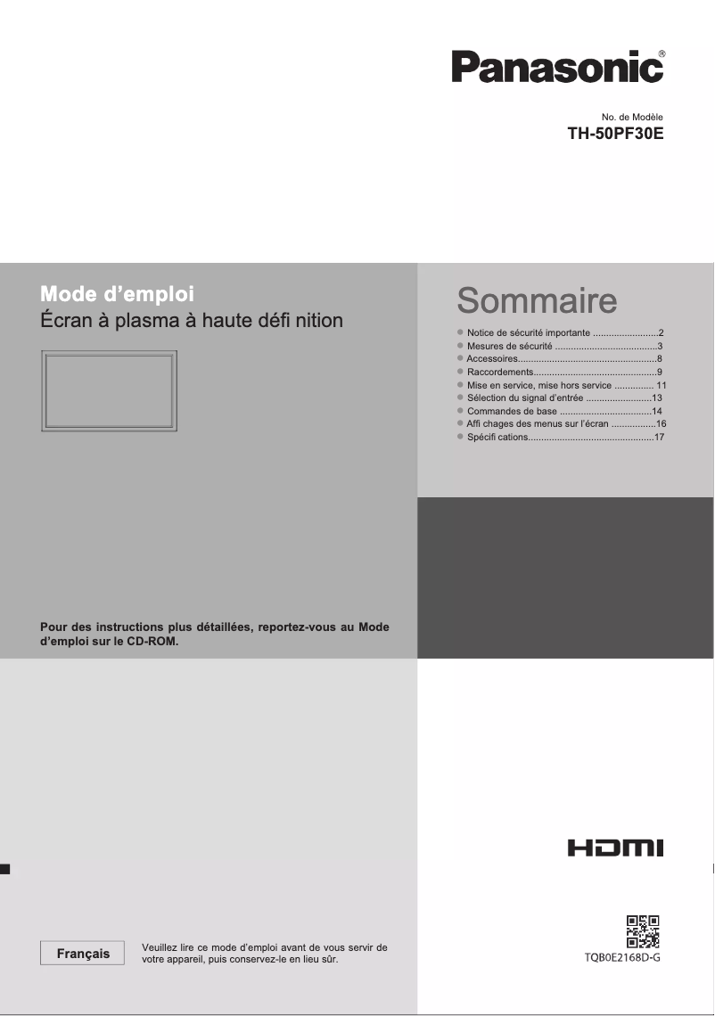 Page 1 de la notice Guide de démarrage rapide Panasonic TH-50PF30E