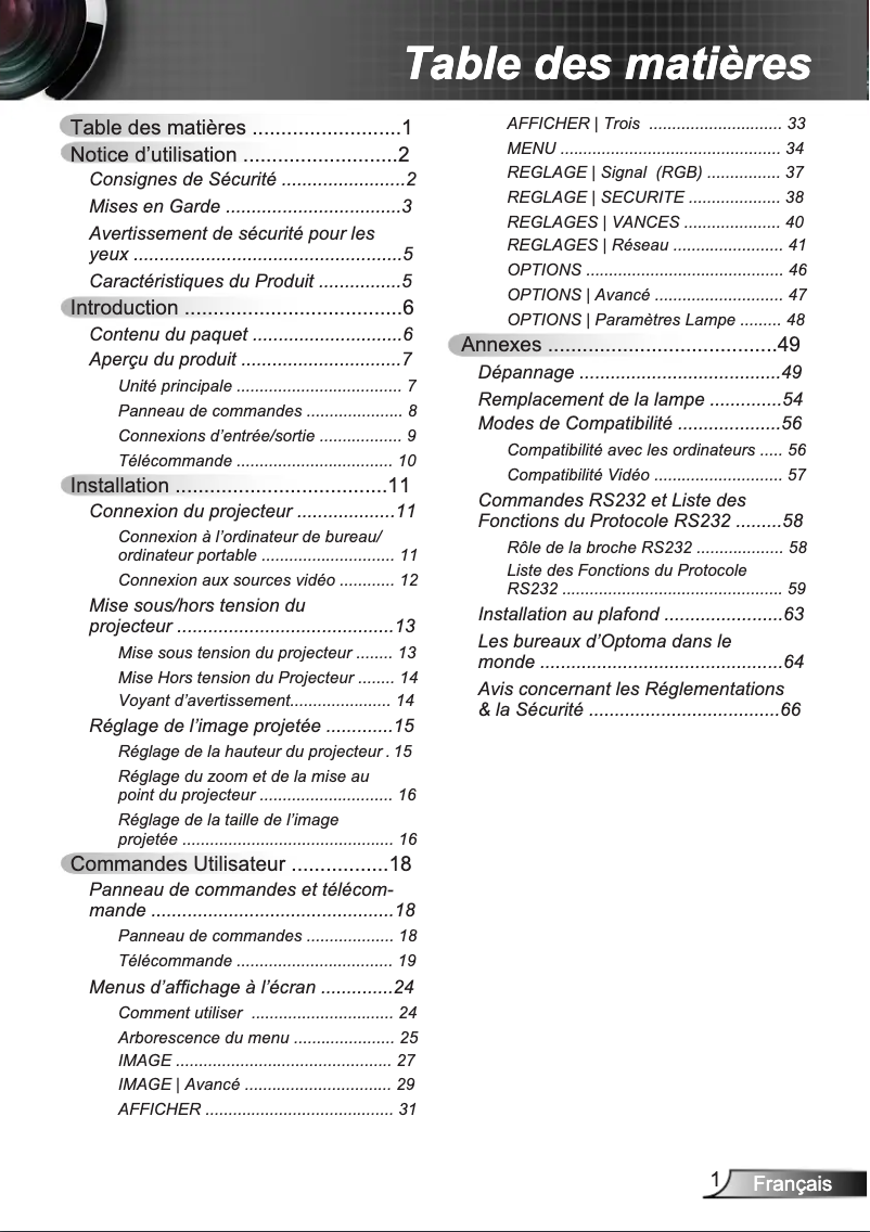 Page n°1 - Manuel utilisateur Optoma EW762