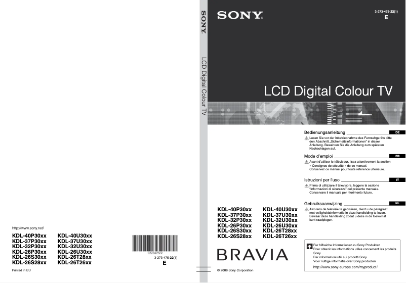 Page 1 de la notice Manuel utilisateur Sony KDL-32P302H