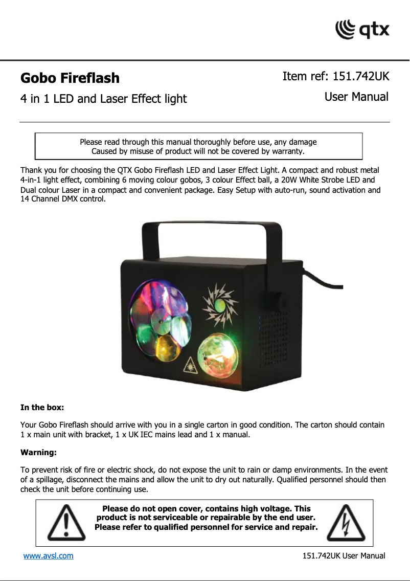 Page 1 de la notice Manuel utilisateur Qtx Gobo Fireflash