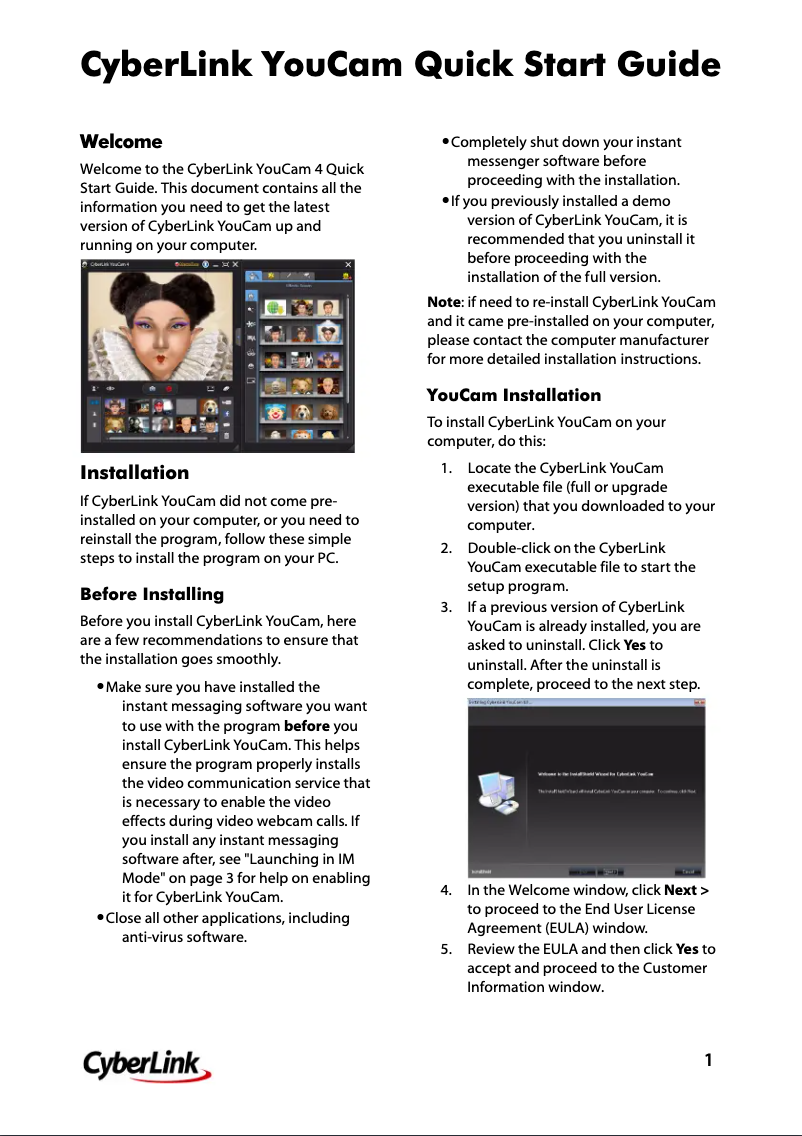 Page 1 de la notice Guide de démarrage rapide Cyberlink YouCam 4