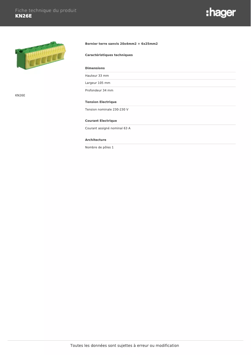 Page 1 de la notice Fiche technique Hager KN26E