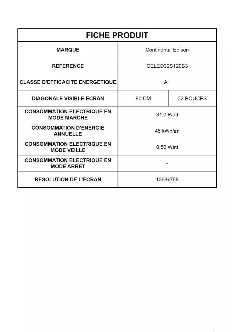 Page n°1 - Label énergétique Continental Edison CELED32S120B3