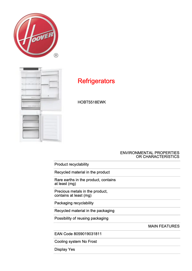 Page 1 of the manual Technical Sheet Hoover HOBT5518EWK