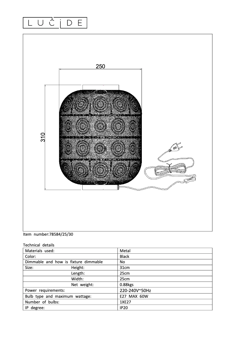 Page 1 de la notice Manuel utilisateur Lucide Tahar 78584/25/30