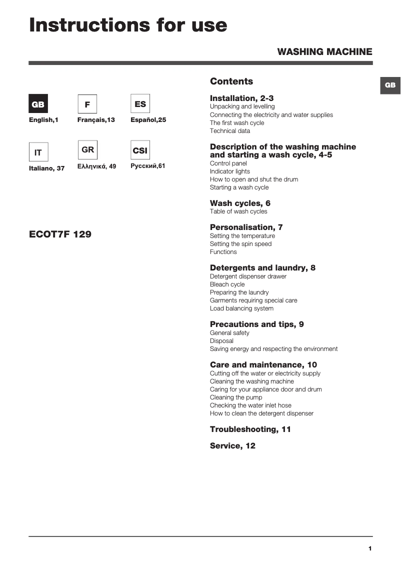 Página 1 del manual Manual de usuario Hotpoint ECOT7F 129 (EU)