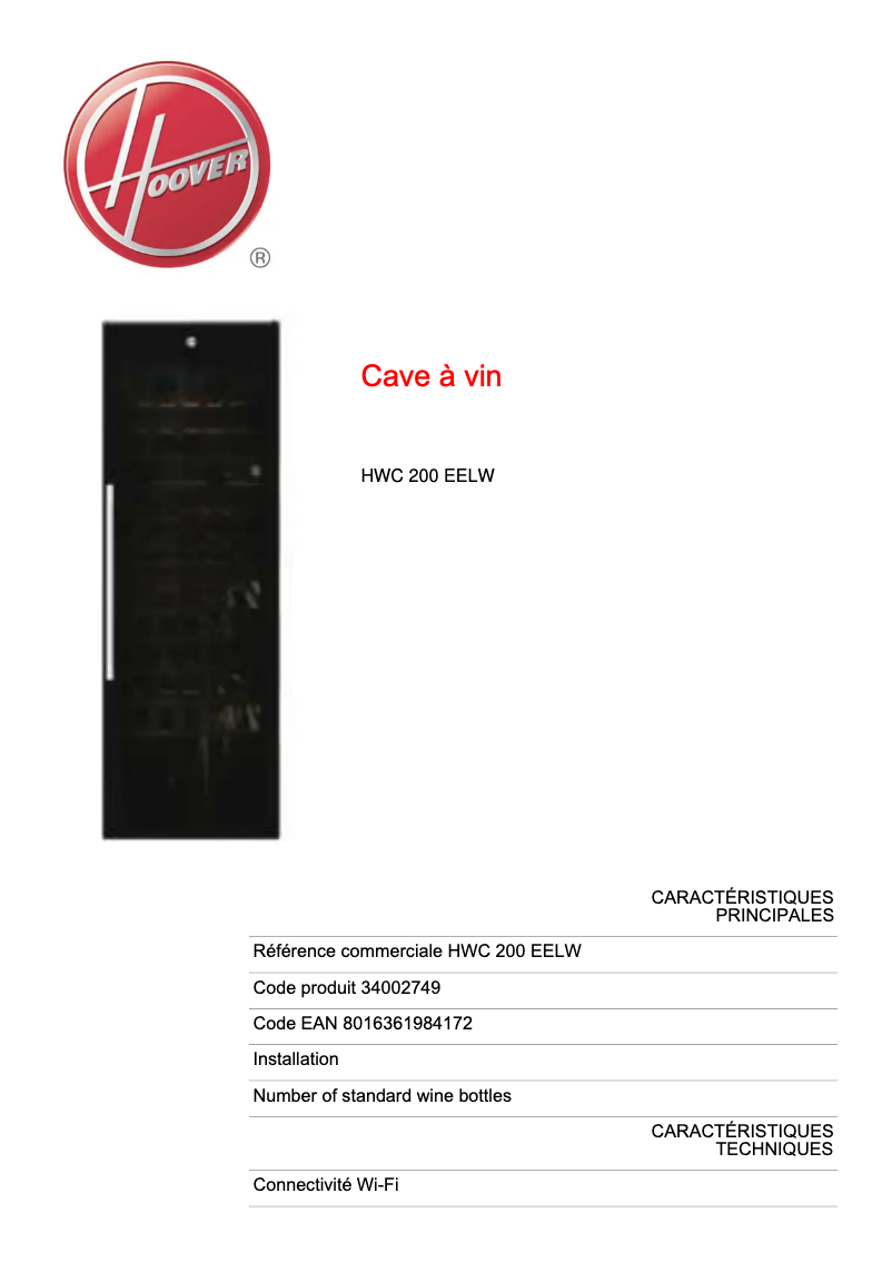 Image de la première page du manuel de l'appareil H-WINE 700 HWC 200 EELW