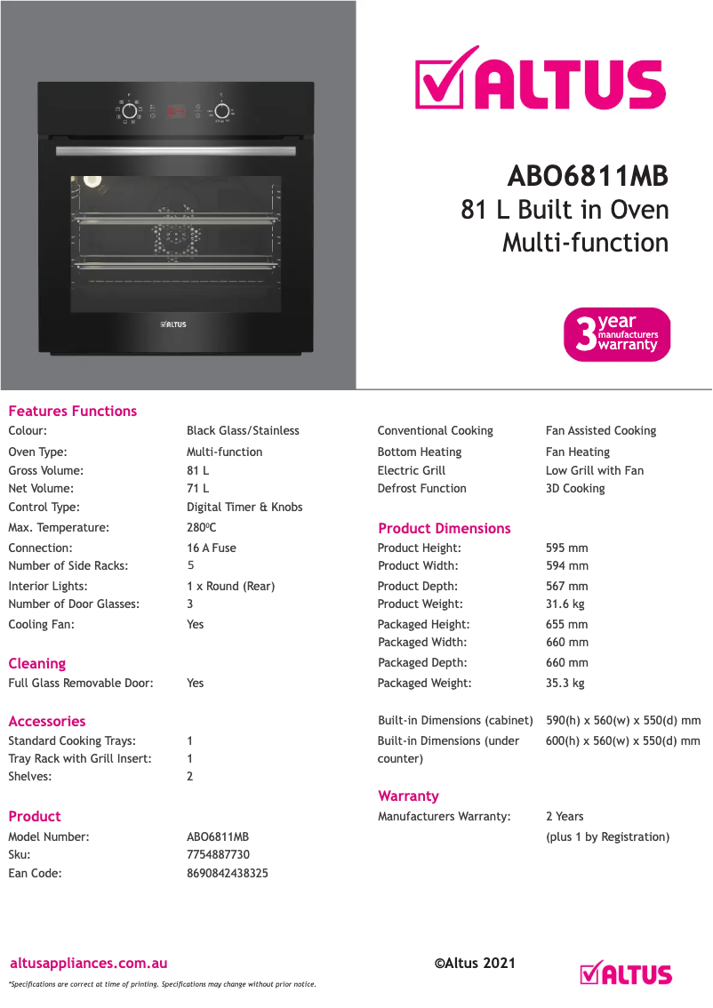 Page n°1 - Fiche technique Altus ABO6811MB