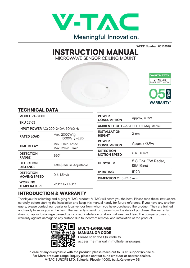 Page 1 de la notice Manuel utilisateur V-TAC VT-81001
