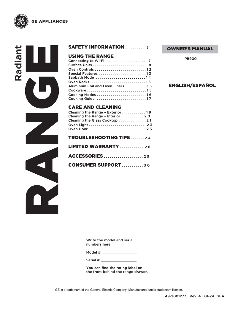 Page 1 of the manual Use and Maintenance Manual GE Profile PB900YVFS