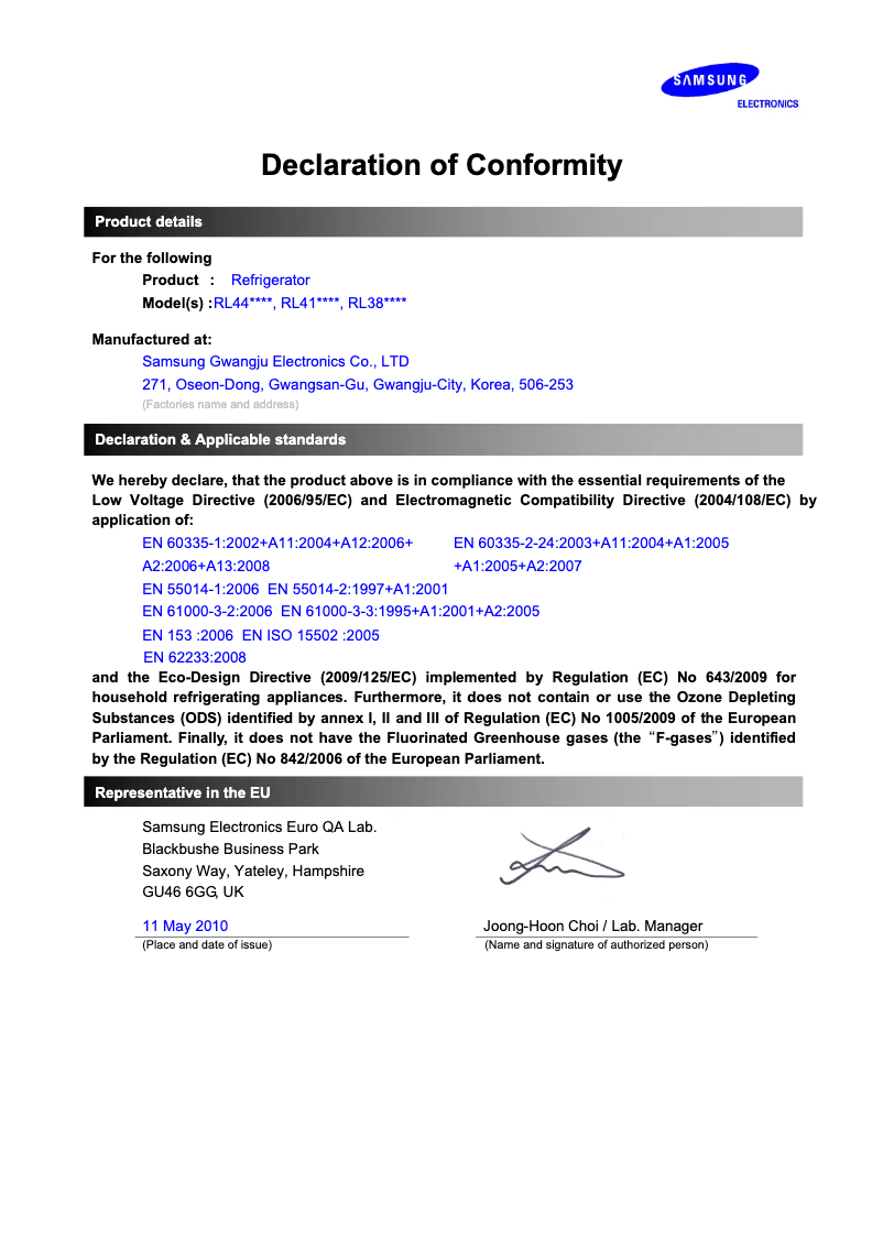 Page 1 de la notice Manuel utilisateur Samsung RL38HGPS2