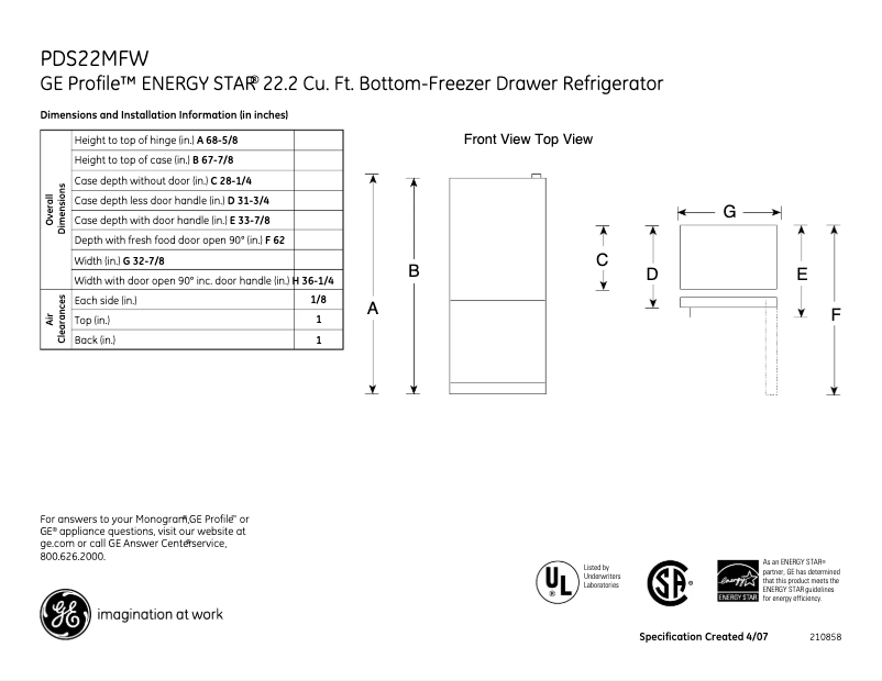 Page n°1 - Fiche technique GE Profile PDS22MFWBB